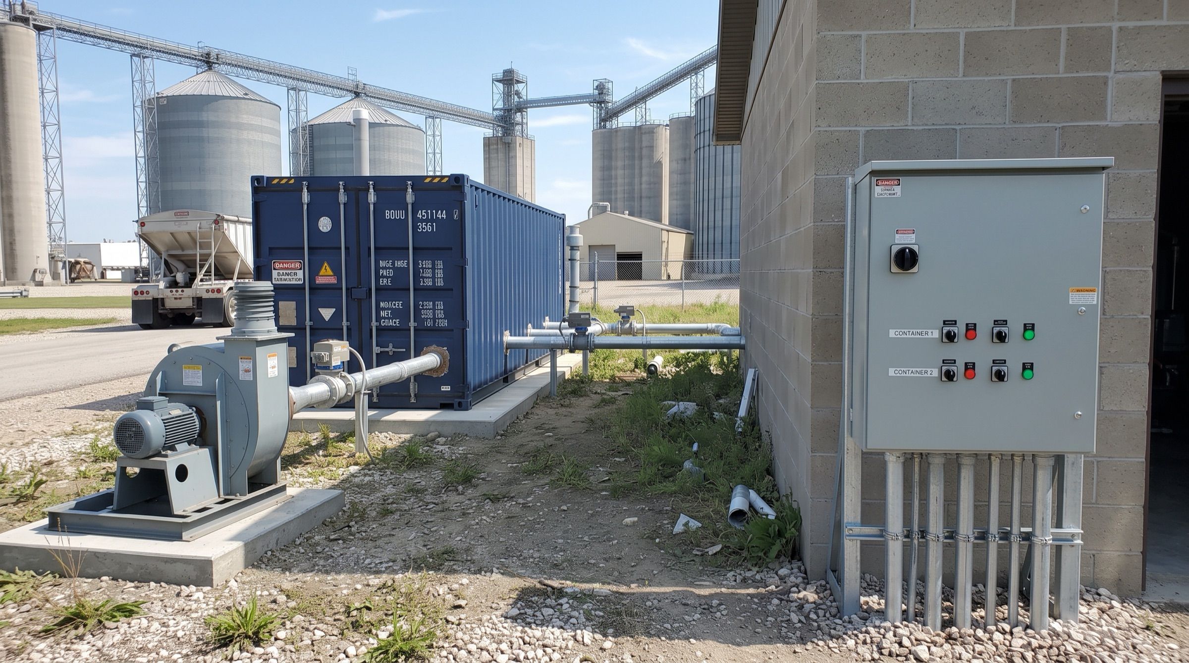 A fumigation setup at a grain site: a blower piped into a shipping container, and a control panel on the wall with switches for two containers
