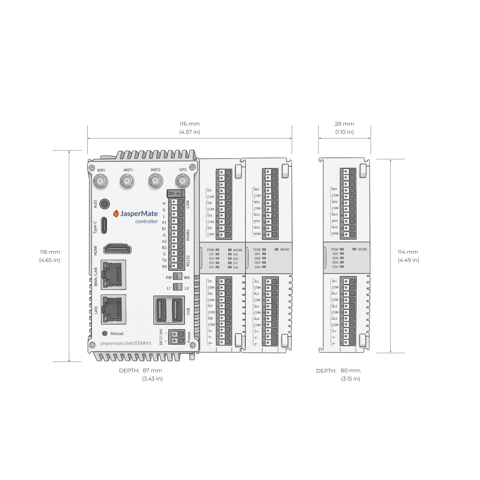 Dimension drawing: the base unit with onboard I/O is 118 mm high, 116 mm wide and 87 mm deep. Each expansion card is 28 mm wide.