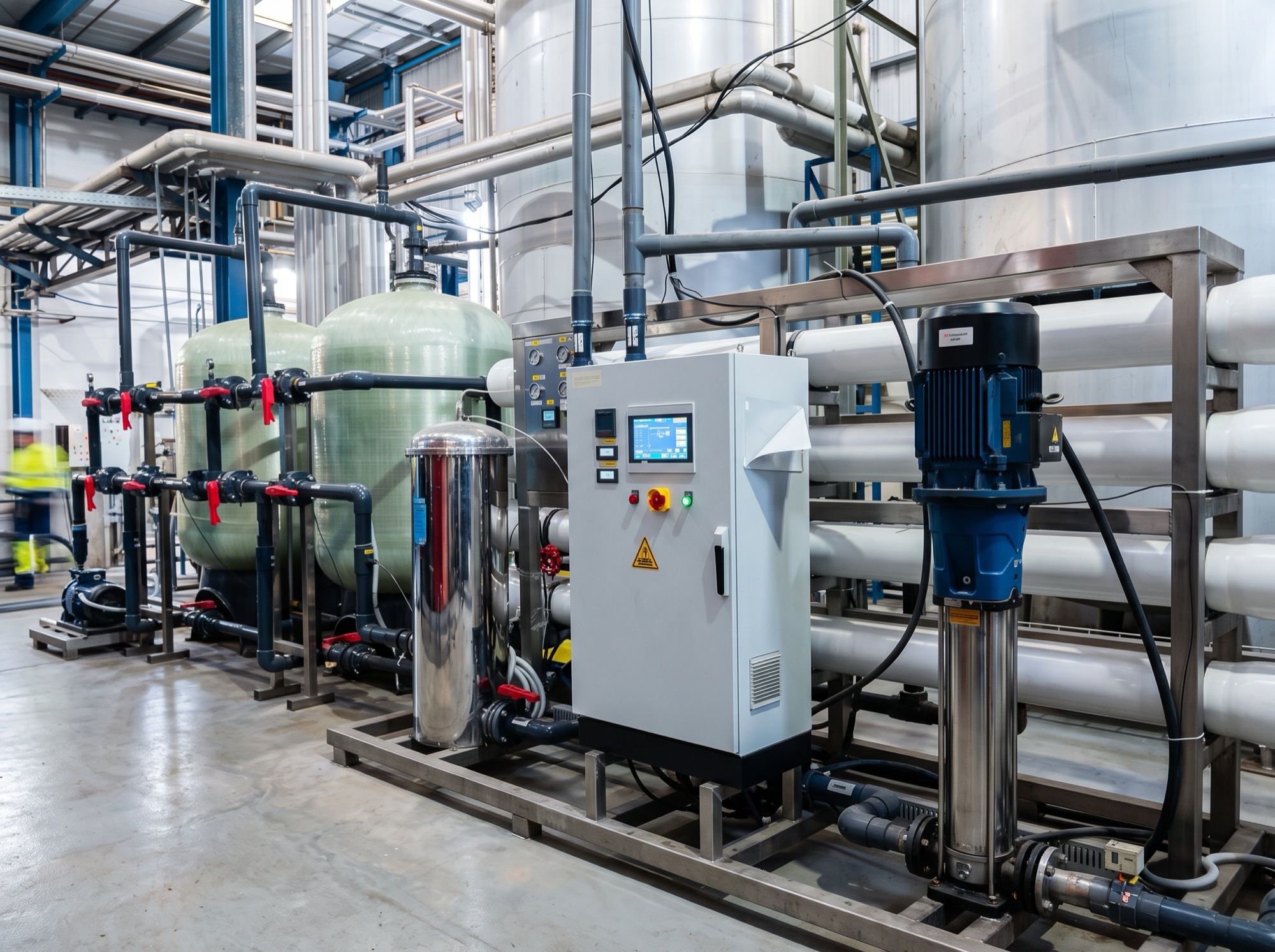 A water-treatment rig: filter vessels, a pump and its control panel on a skid